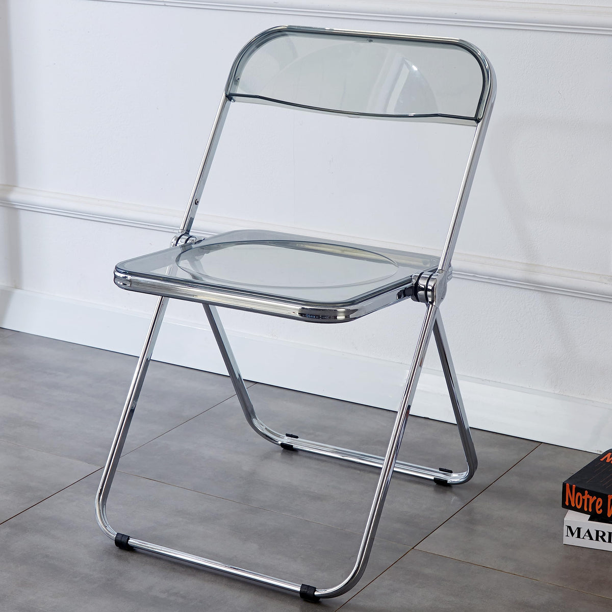 KAIHAOWIN Luxury Modern Acrylic Folding Chair Transparent Chairs-Ghost Stackable Crystal Folding Chair-PC Plastic Living Room Seat-Chrome Frame-Gray