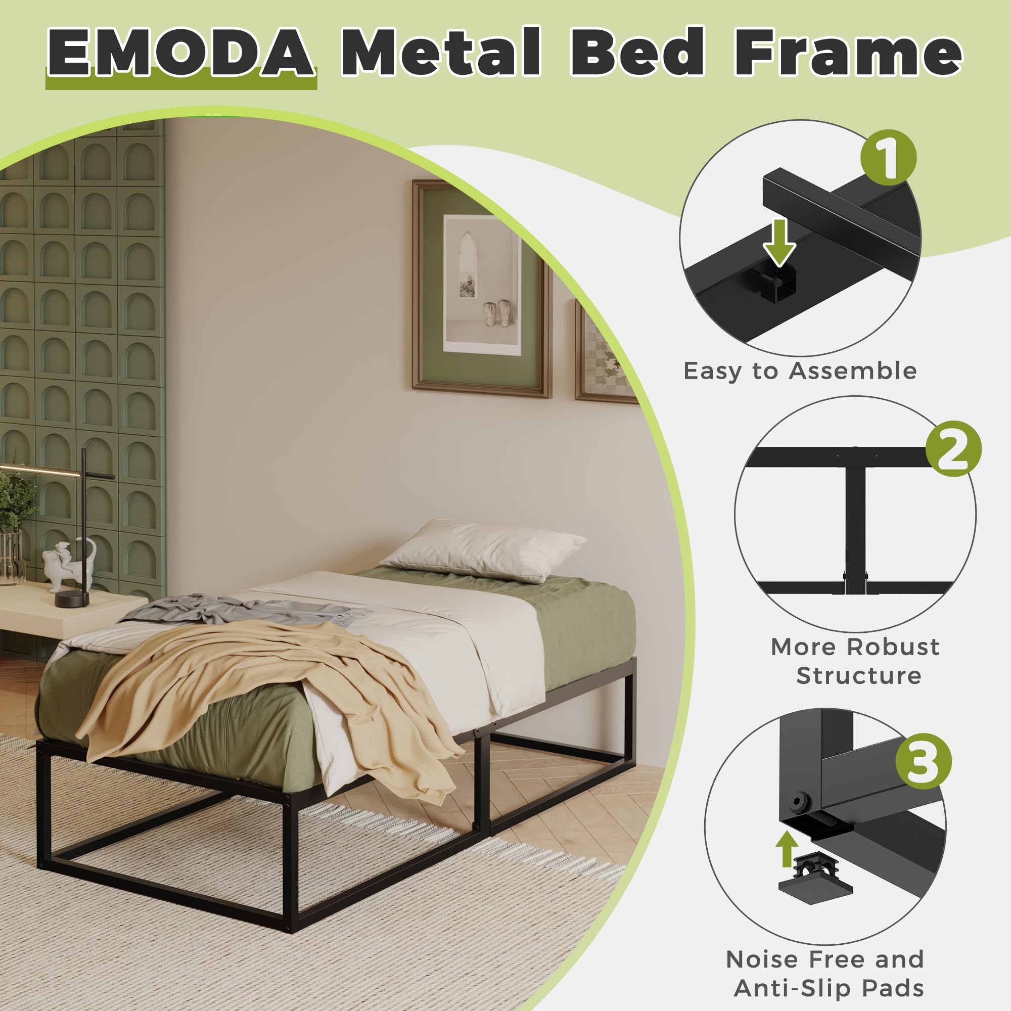 EMODA Small Single Bed Frame 36cm High with Steel Slats Support, Black