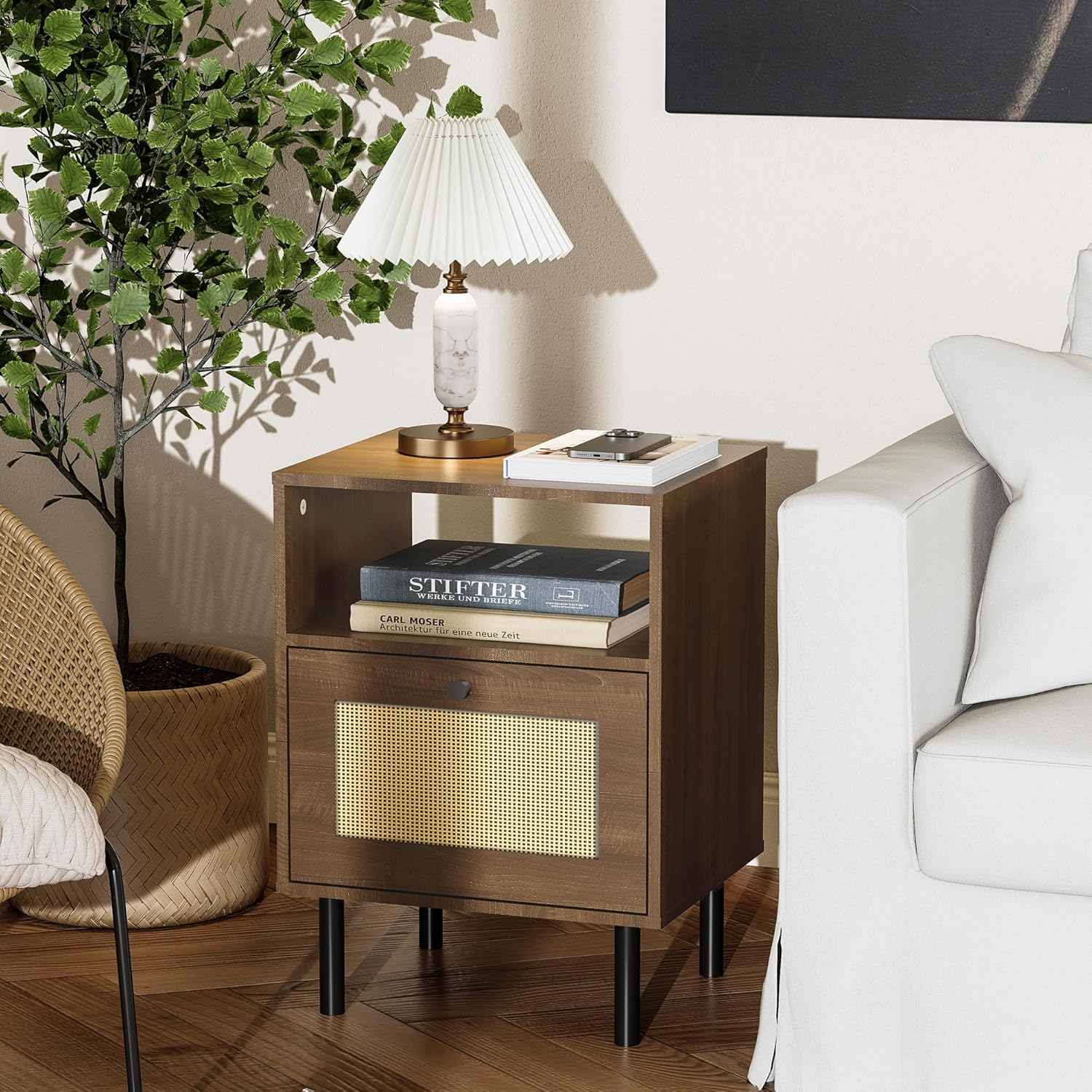 Bedside Table, Boho Farmhouse Walnut Rattan Nightstand with Drawers