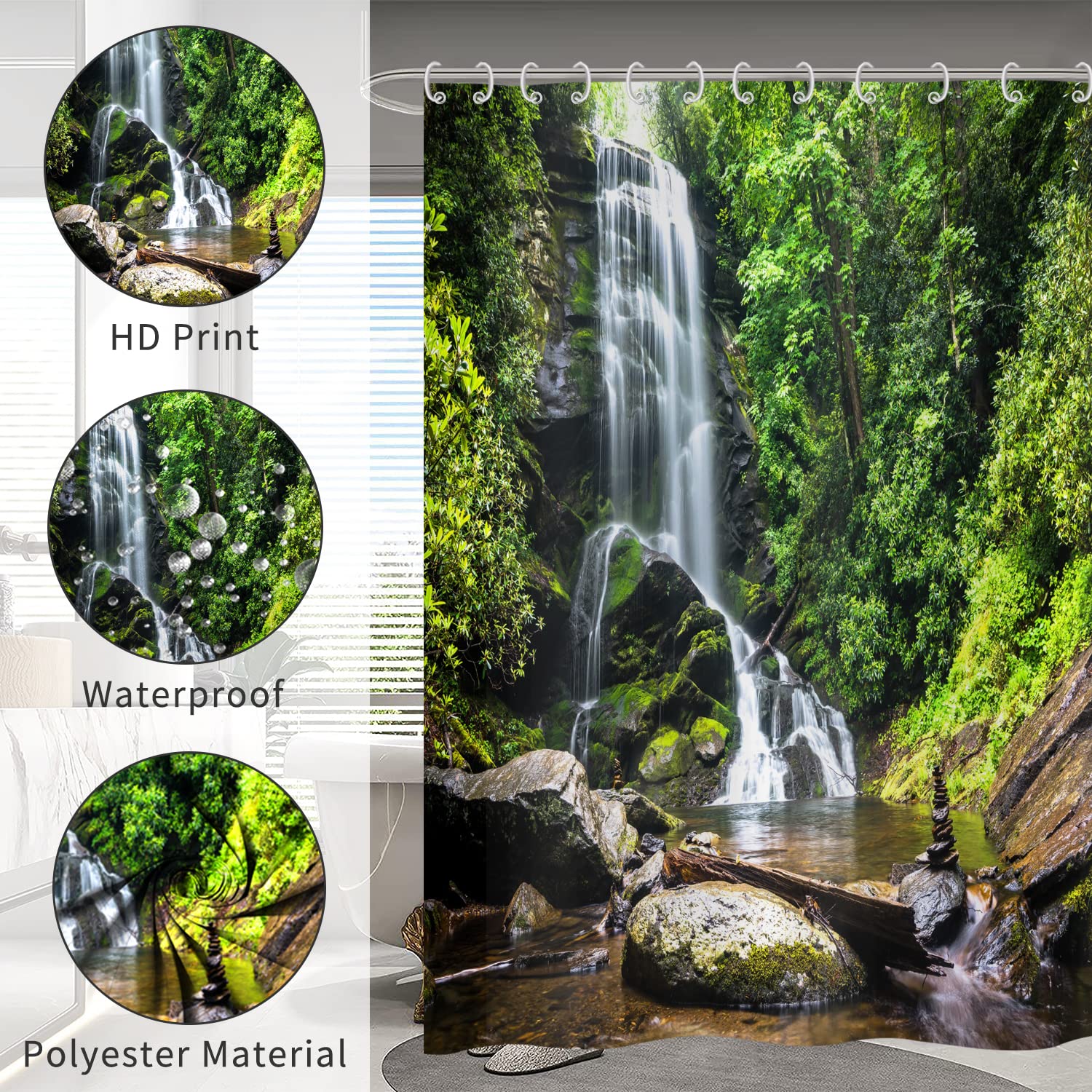 Hnmdmyi Forest Shower Curtain 240x180, Tropical Jungle Rainforest Green Tree Plant Nature Landscape Waterfall Scenery Bathroom Curtains Waterproof