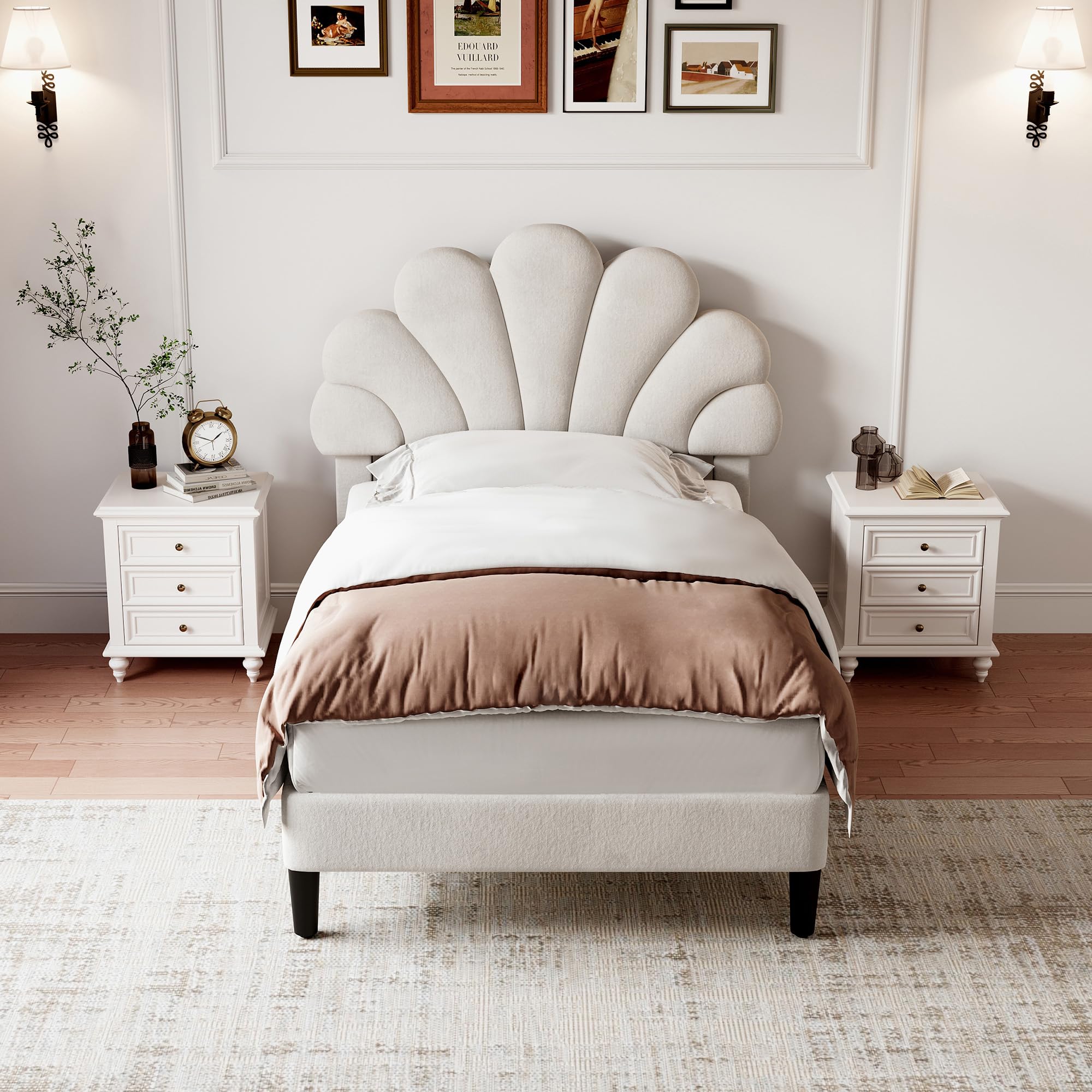 Merax 3ft Single Upholstered Bed Frame, Velvet Petal Headboard, Adjustable, Solid Wood Slats, No Box Spring Needed, Easy Assembly, Beige