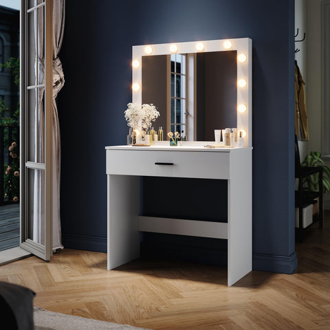 ZANOFIRA White Dressing Table with Hollywood LED Mirror, Space Saving Makeup Desk with Adjustable Brightness & 3 Color Modes