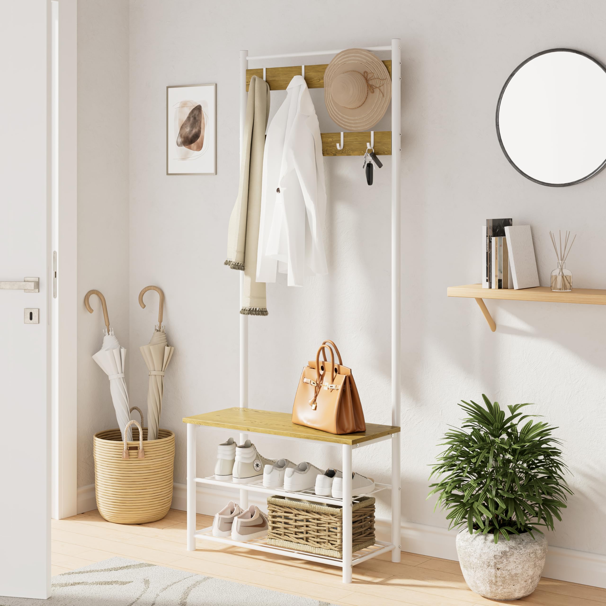 HEYZOEY Coat Stand, Coat Rack with Shoe Storage, 3-in-1 Freestanding Wooden Coat Rack with Shoe Bench and ShoeRack