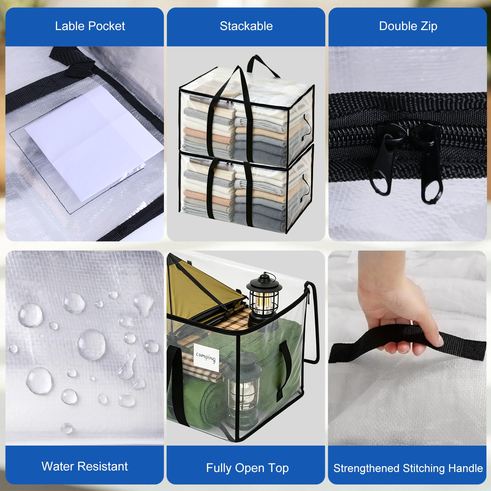 2 Pack Clothes Storage Bags with Zips, 94L Heavy Duty Clear Moving Bags