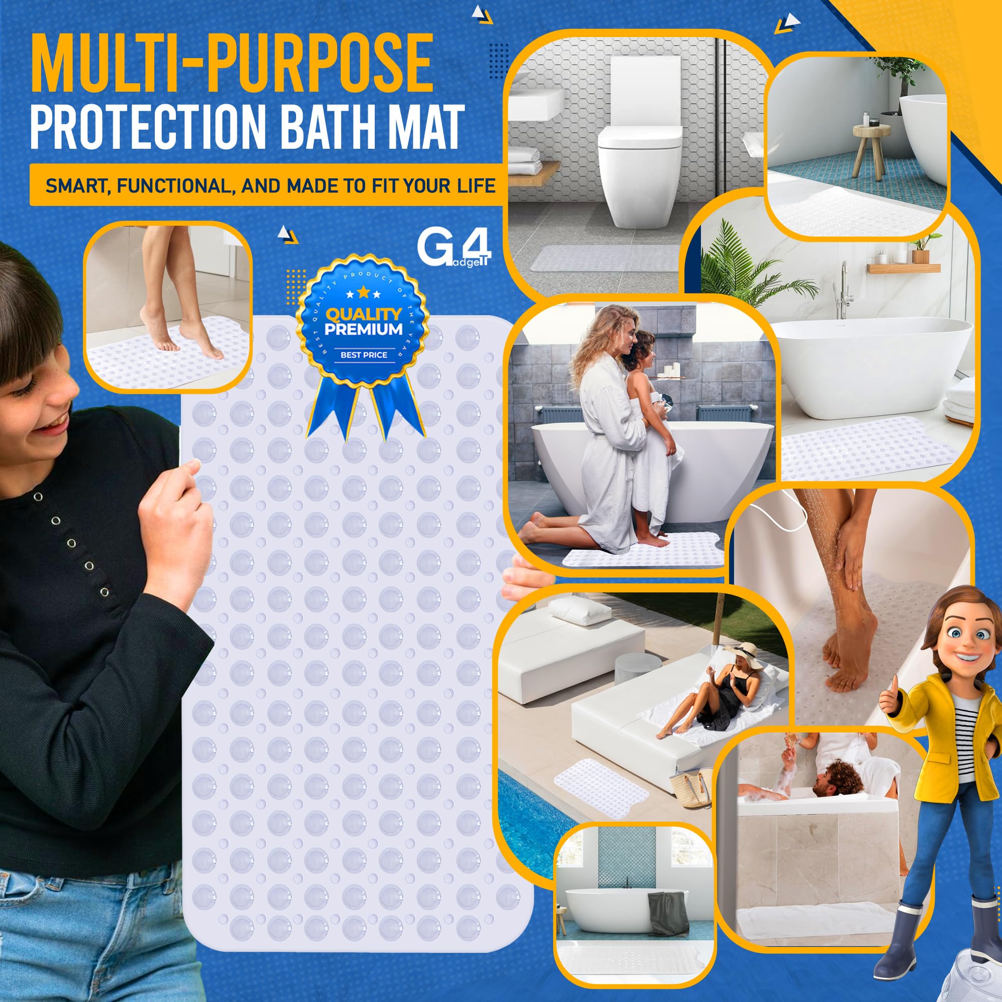 Bath Mat Non Slip Anti Mould 70cm x 38cm With Strong Suction Cups & Drain Holes Shower Mats PVC Bathroom Mat Machine Washable