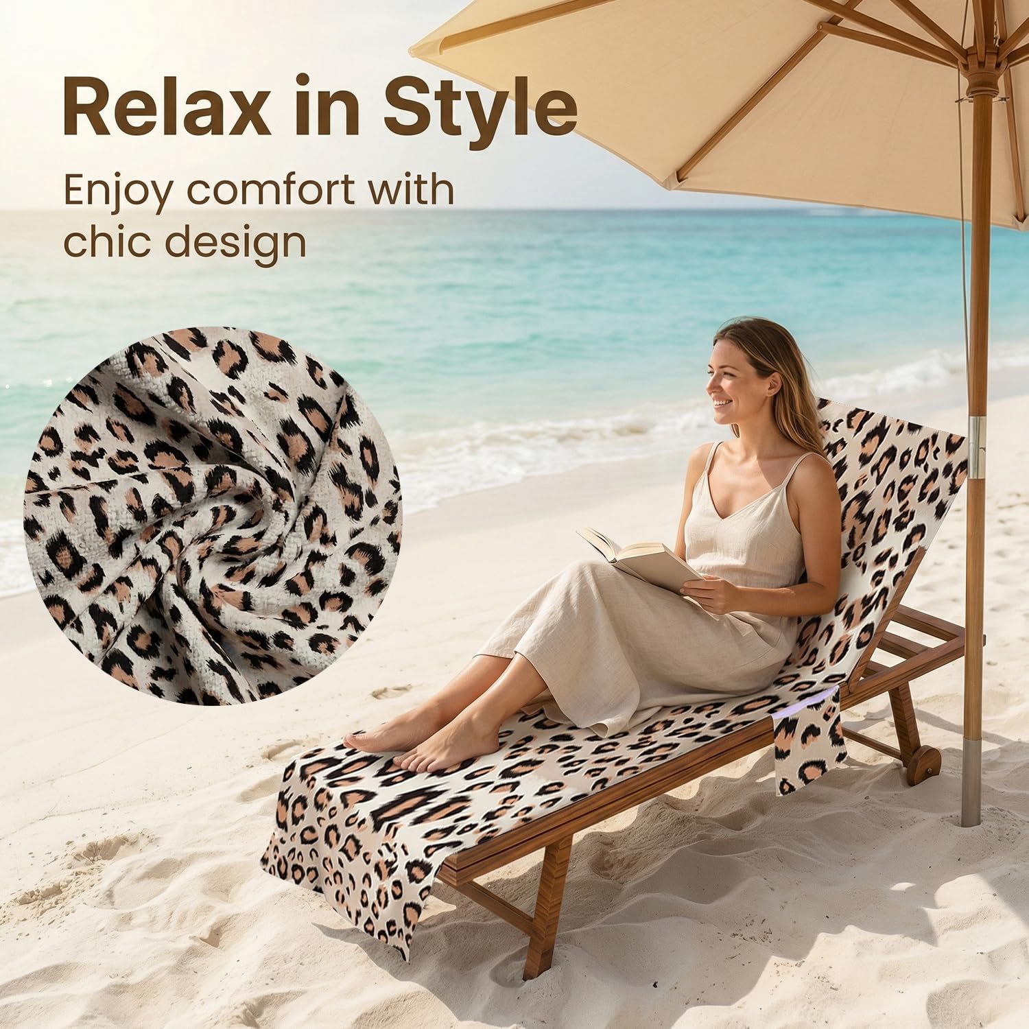 Surwin Sun Lounger Towel with Pockets, Leopard Print Beach Towel Chair Cover Sunbed Towels Lounger Bag for Summer Holiday Outdoor Garden Pool