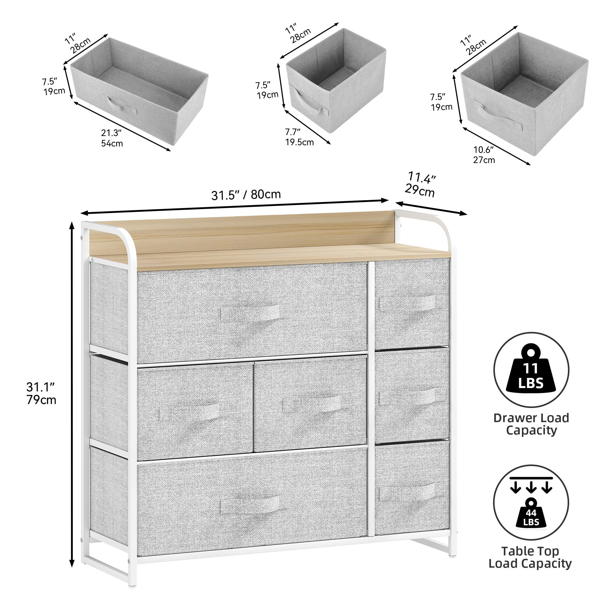 DWVO Chest of Drawers,Fabric Chest of Drawers Bedroom Cabinet with 7 Drawers,Dresser for Bedroom,Living Room With Handles,Wood Top and Sturdy Steel