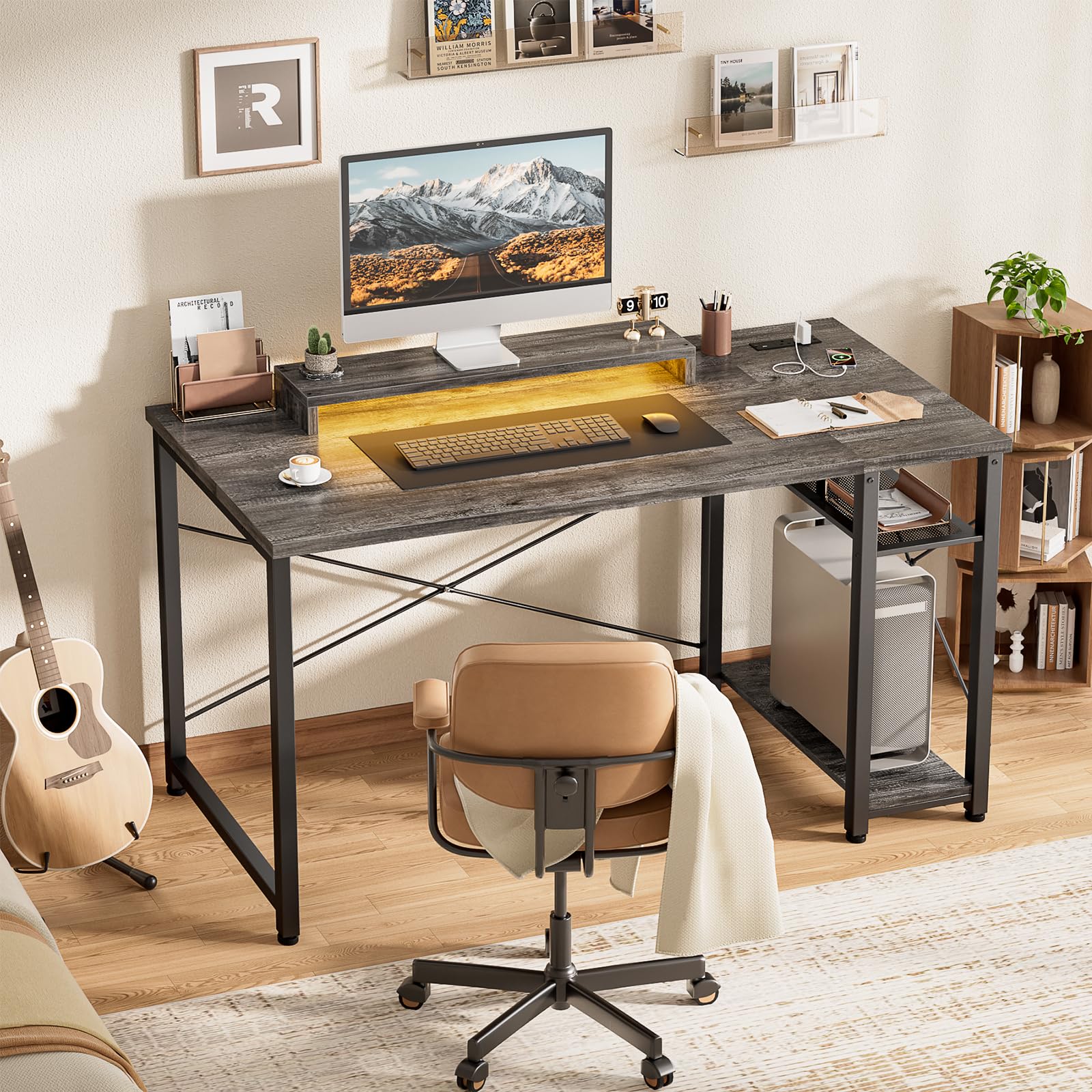 iSunirm Gaming Desk with LED Lights & Power Outlet, Reversible Computer Desk with Moveable Monitor Stand