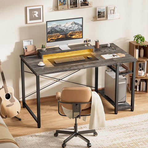 iSunirm Gaming Desk with LED Lights & Power Outlet, Reversible Computer Desk with Moveable Monitor Stand