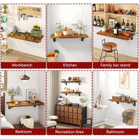 IBUYKE Wall Mounted Folding Table, Floating Wall Desk for Small Spaces, Fold Down Laundry Shelf with Heavy-Duty Brackets