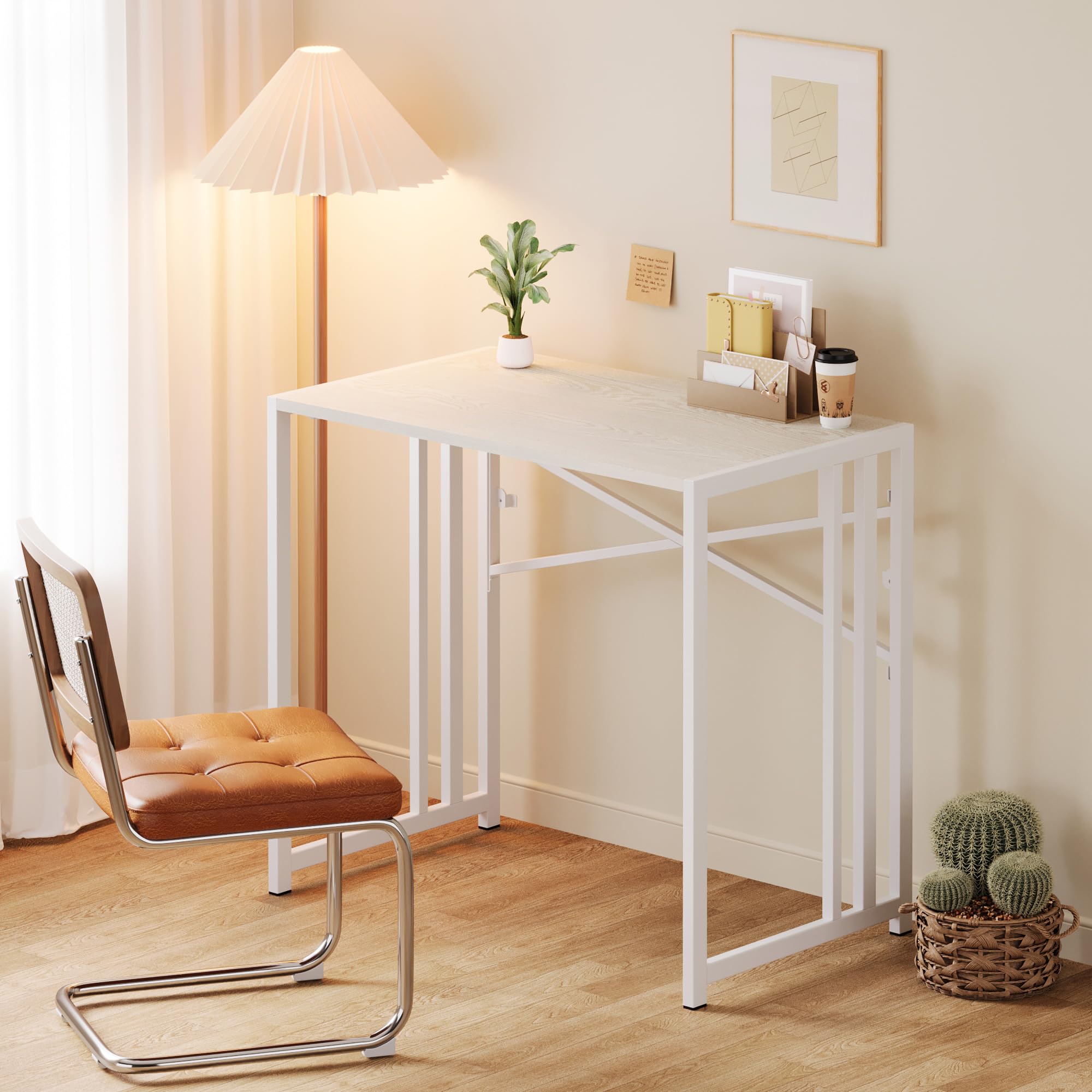 Lutown-Teen 90 cm Folding Small Desk, Natural and White