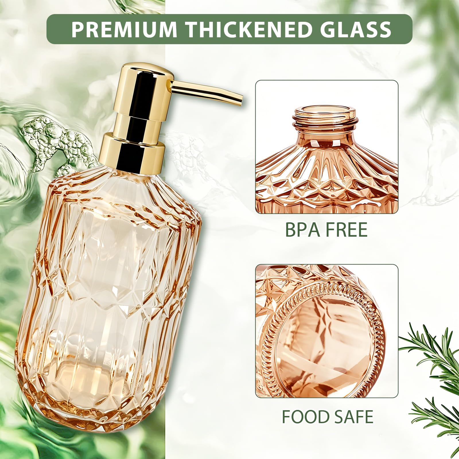 2 Pack Amber Glass Soap Dispenser 400ml | Thickened Non-Slip Pump
