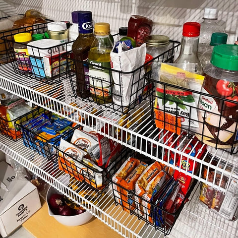 YOUNTHYE 6Pack Wire Storage Baskets, 28x22x11CM Pantry Organizers and Storage Black Wire Basket with Handle, Freezer Storage Organiser for Shelf