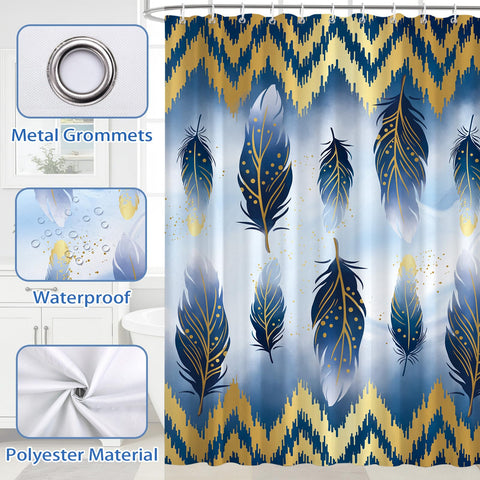hometrixx Navy Blue Gold Feather Geometric Lines Shower Curtain 180x180cm