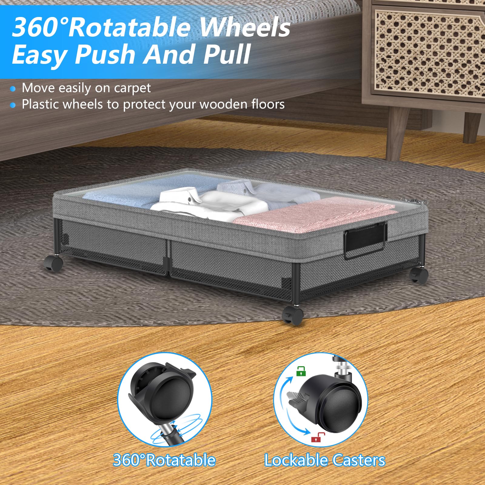 VyGrow Metal Under Bed Storage Containers 2Pack, Rectangular with Wheels & Removable Dust Bags, 24"L x 15.8"W x 5.9"H, 26L Capacity Each