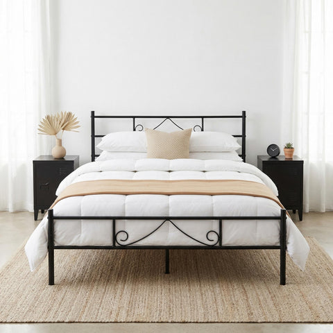 FurnitureR Black Metal Double Bed Frame with Decorative Headboard, Heavy Duty Steel Slats, Noise-Free Support, No Box Spring Needed, Easy Assembly
