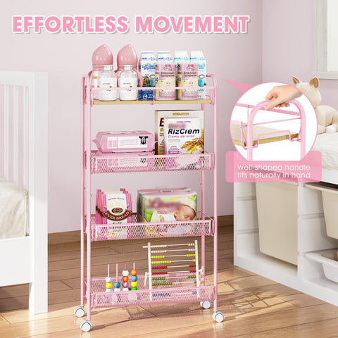 KINGRACK 4-Tier Slim Rolling Cart, Metal Storage Cart with Wooden Tabletop and Mesh Baskets for Narrow Space on Kitchen Bathroom Laundry Room Bedroom