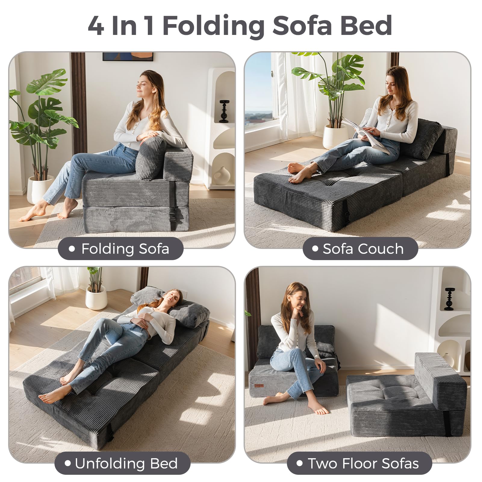 MAXYOYO Folding Sofa Bed, Convertible Sofa Bed with High-Density Support Foam, Portable 4 in 1 Fold Out Chair to Floor Lounger