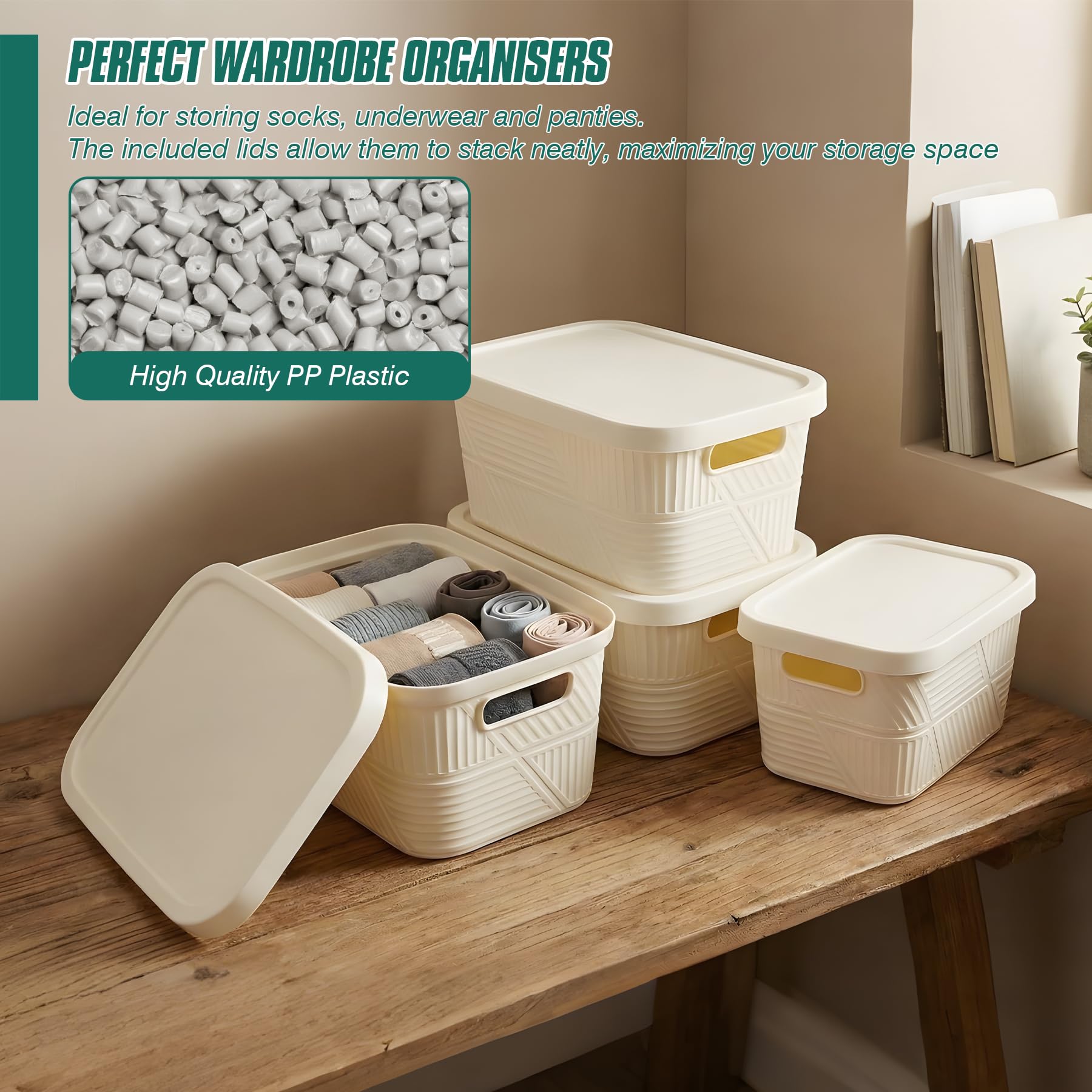 Spesh 4 Pcs Storage Boxes with Lids 3.5L Small Storage Baskets Stackable Plastic Storage Boxes for Home Office Cupboard(White, 24 * 17 * 12cm)