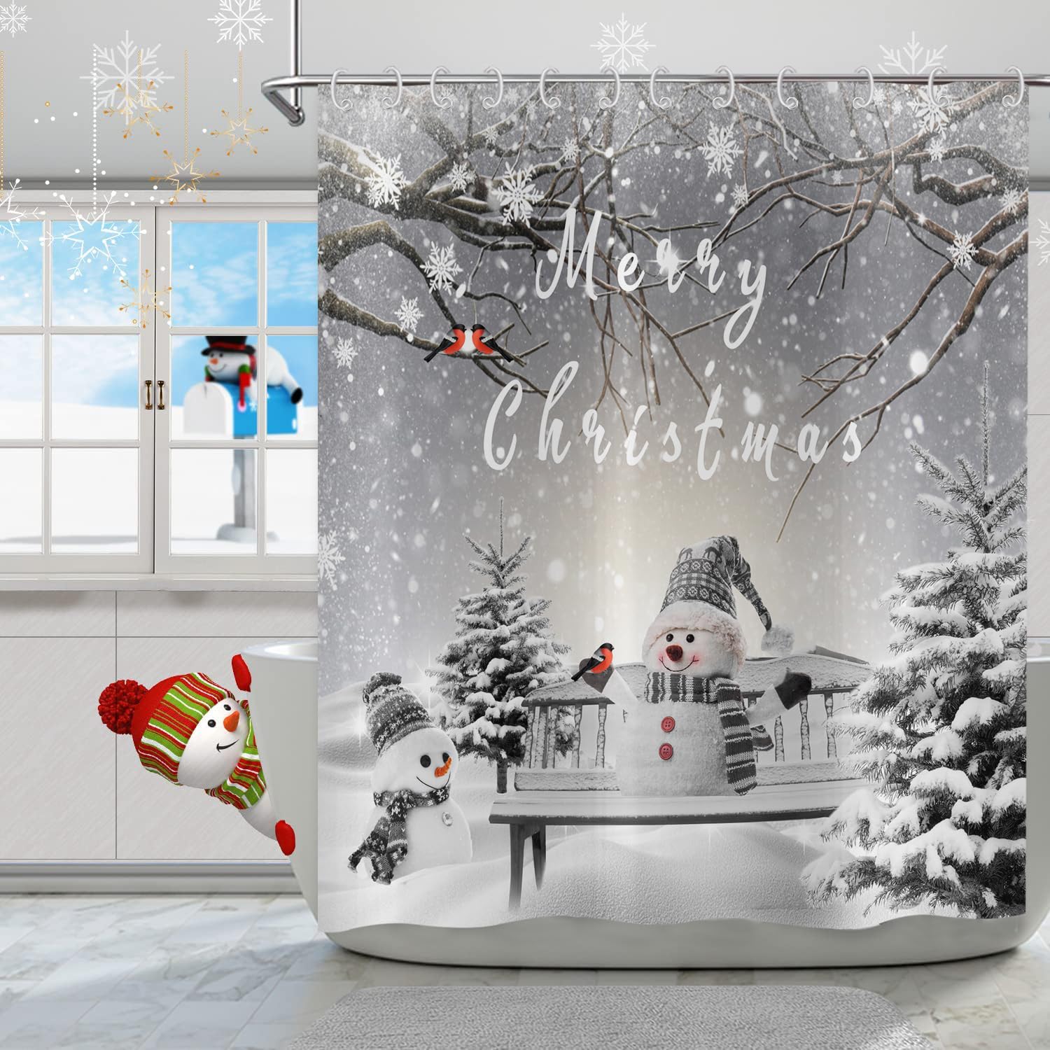 Hnmdmyi Christmas Shower Curtain 180x200, Winter Snowman Snowflake Xmas Tree Cardinal Bird Holiday Grey Bathroom Curtains with Hooks Waterproof