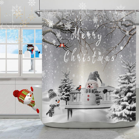 Hnmdmyi Christmas Shower Curtain 180x200, Winter Snowman Snowflake Xmas Tree Cardinal Bird Holiday Grey Bathroom Curtains with Hooks Waterproof