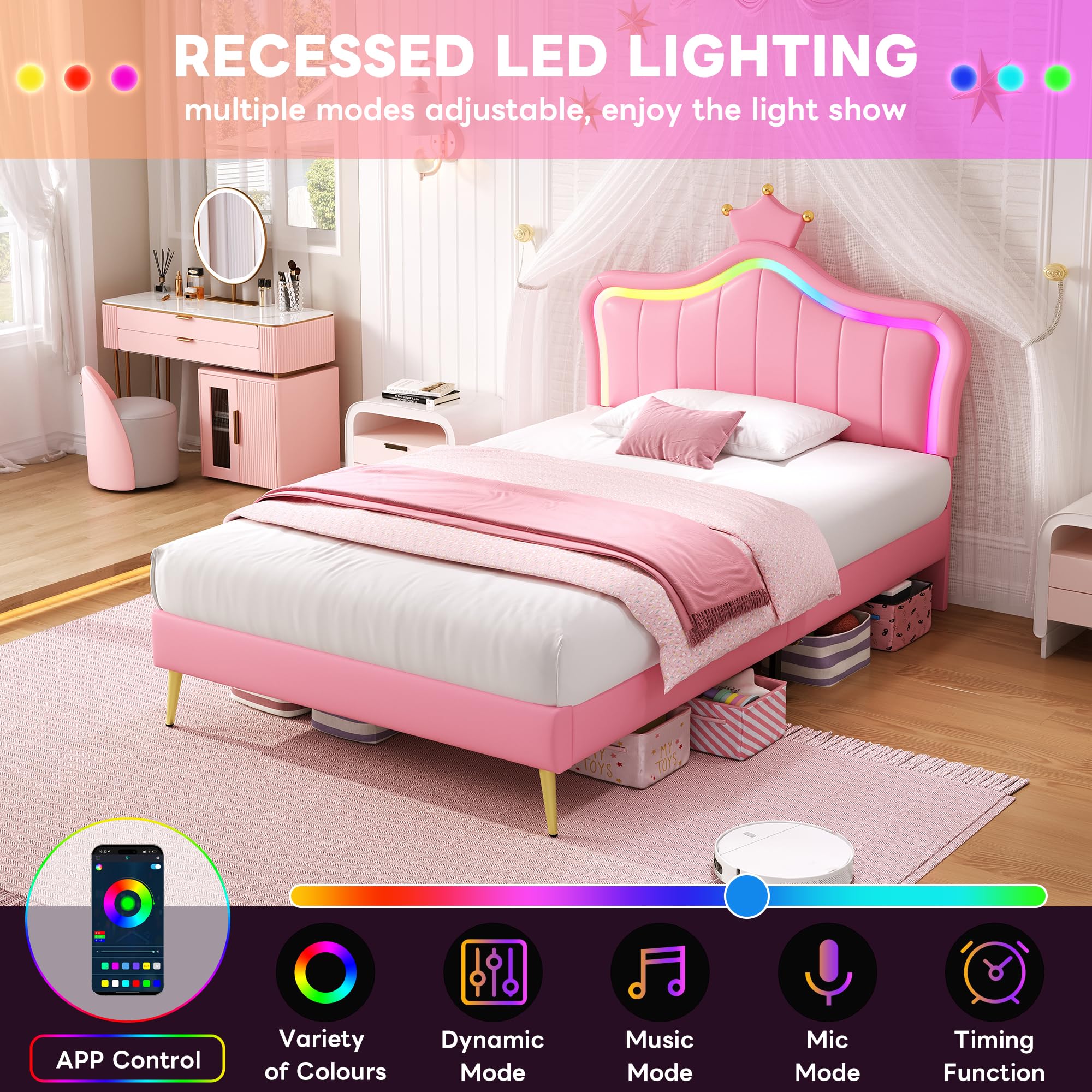 Ball & Cast 3ft Single Upholstered Bed with LED Adjustable Crown Shape Headboard, PU Leather Bed Frame with Solid Wood Slat, No Box Spring Needed