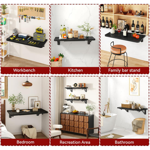 IBUYKE Wall Mounted Folding Table, Floating Wall Desk for Small Spaces, Fold Down Laundry Shelf with Heavy-Duty Brackets