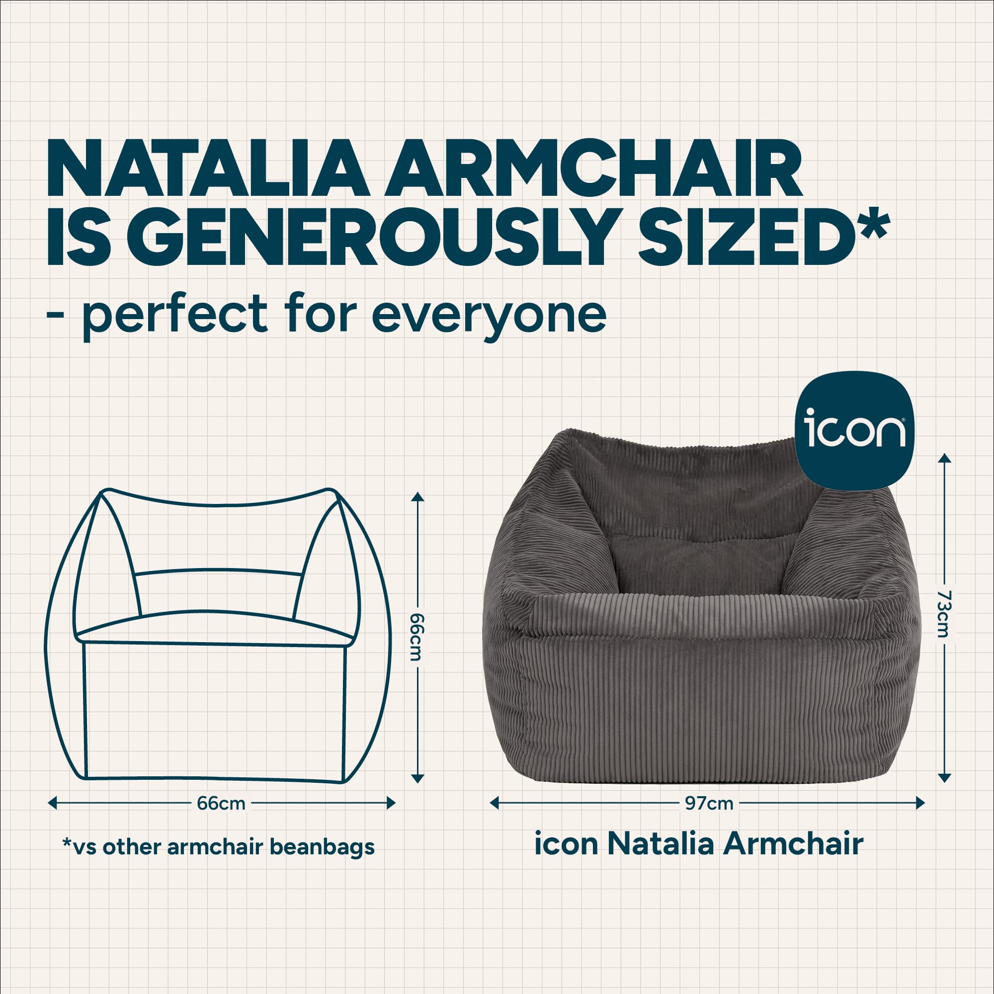 icon Natalia Cord Bean Bag Chair & Footstool with Filling Included, Grey