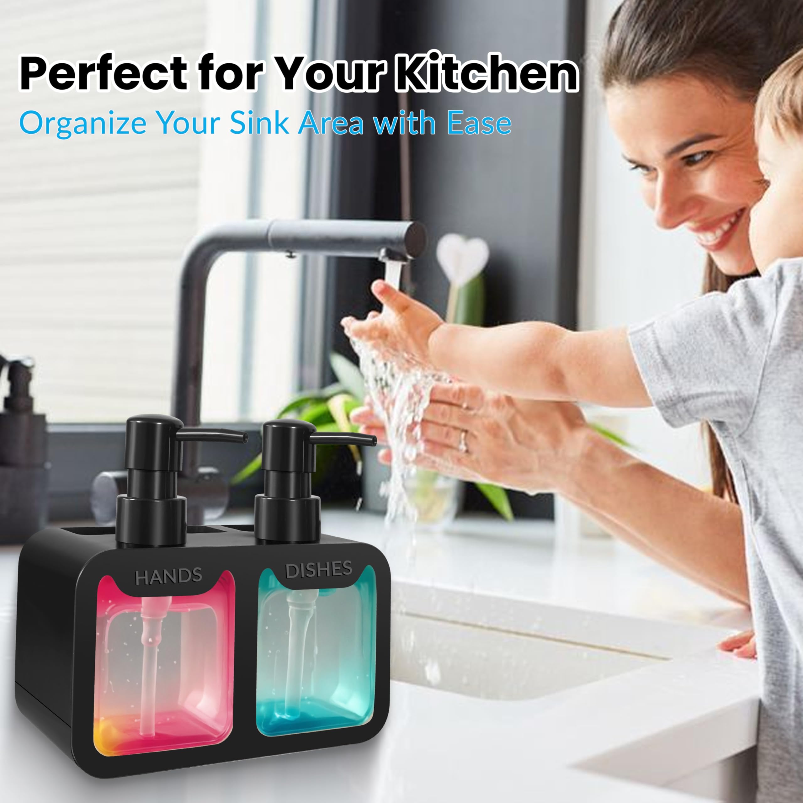 4-in-1 Kitchen Soap Dispenser Set - Dual Hand & Dish Soap Dispenser with Sponge Caddy & Brush Holder - Kitchen Sink Organizer for Countertop (Black)
