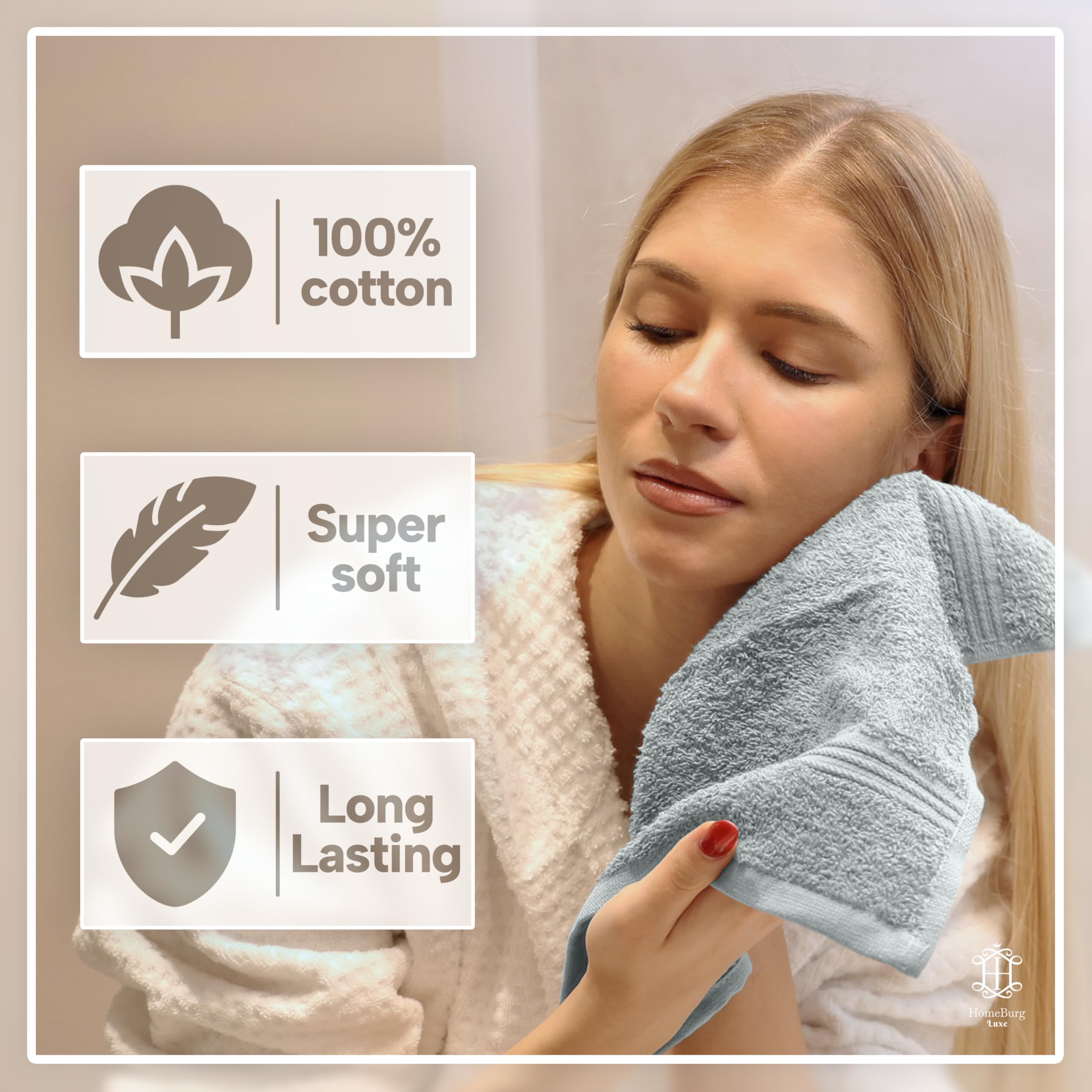 HomeBurg Luxe 12-Piece Washcloth Set - 100% Cotton, Soft & Absorbent, Easy Care, Premium Towels for Face & Daily Use, 30 x 30 cm, Ice Blue