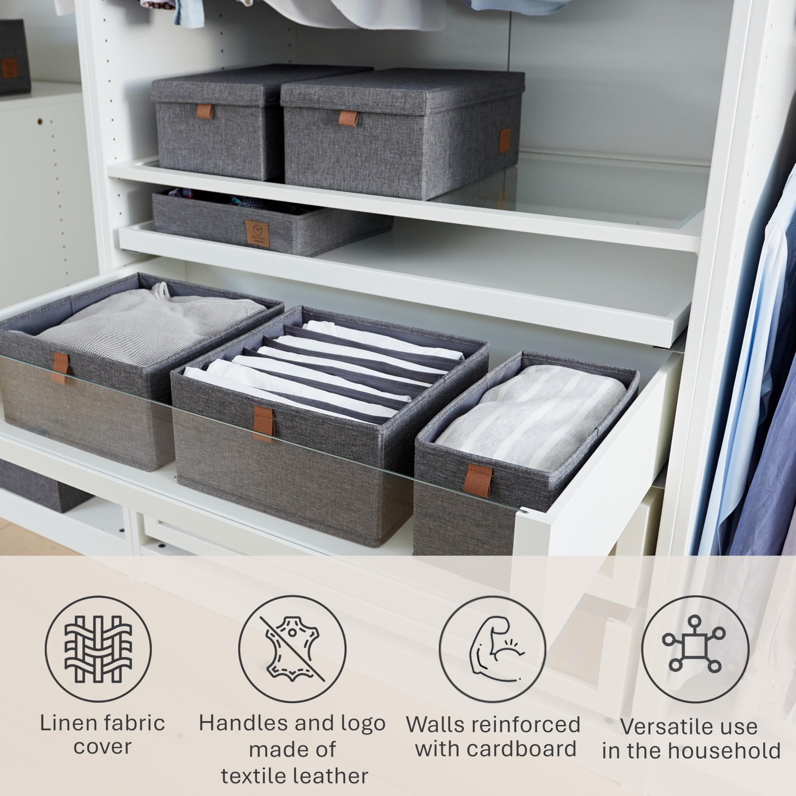 Love it Store it Premium Drawer Box, 2 Pieces, Fabric Wardrobe Organiser, Set of 6 Compartments, Grey, 30 x 30 x 15 cm