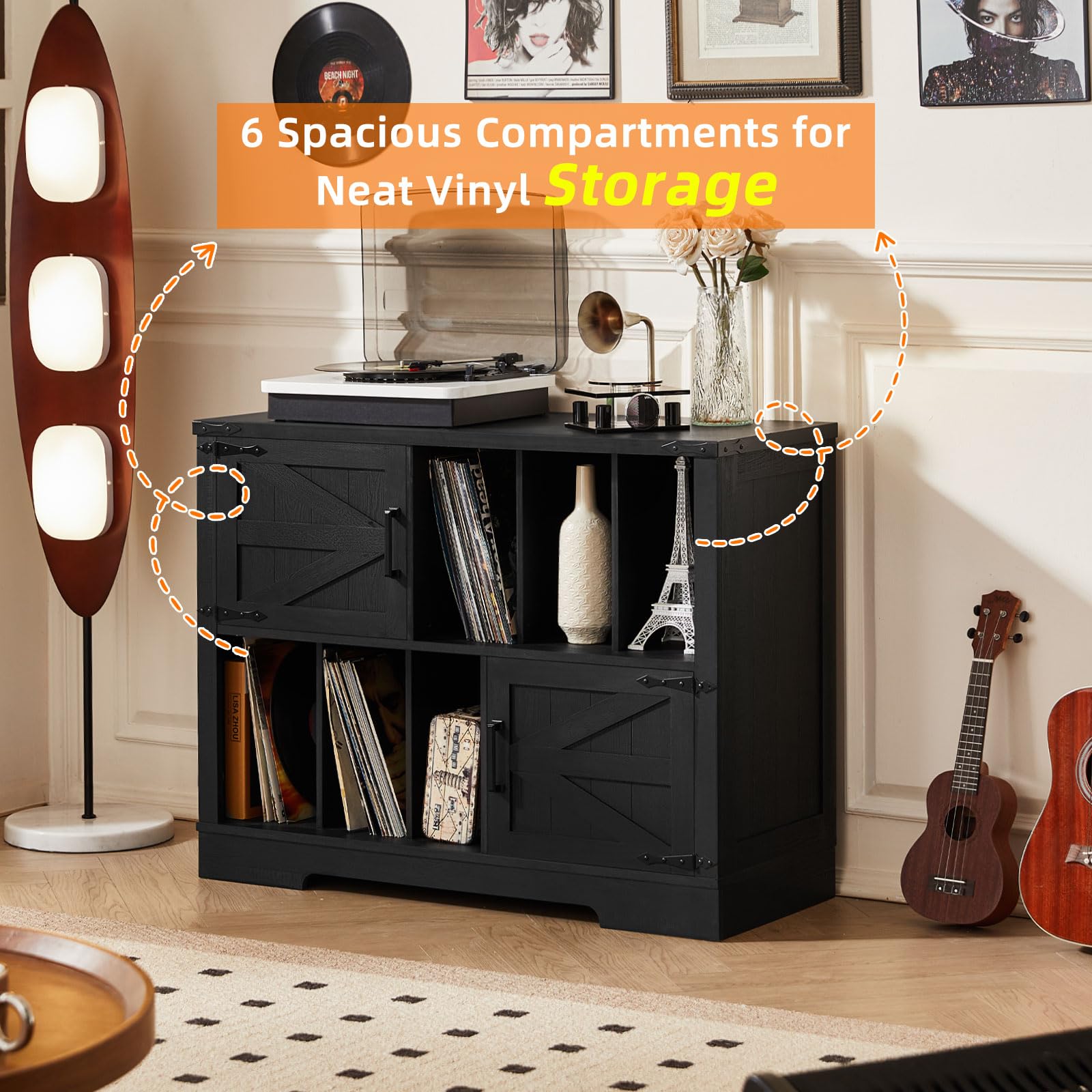 LELELINKY Record Player Stand with Storage, 1m Farmhouse Vinyl Cabinet