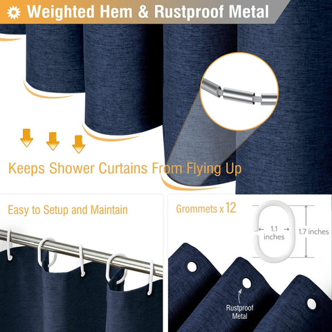 BTTN Extra Long Linen Look Weighted Shower Curtain, 182x244cm, Navy Blue