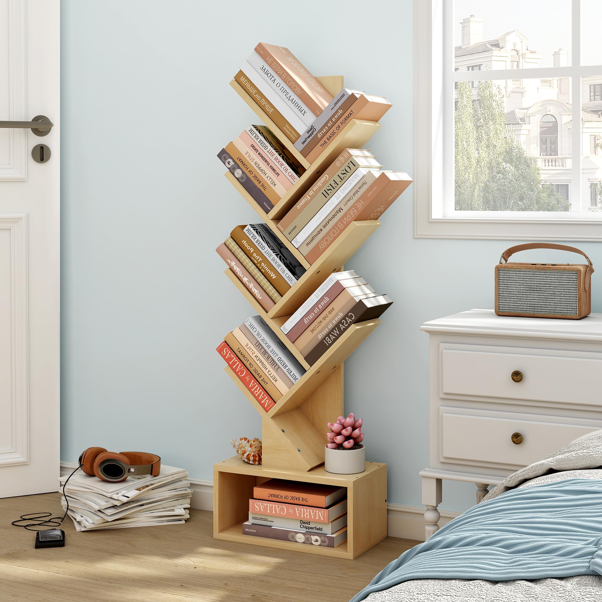 Hoctieon 6 Tier Tree Bookshelf, Tall Bookcase with Drawer, Freestanding Book Shelf, Display Floor Standing Storage Shelf