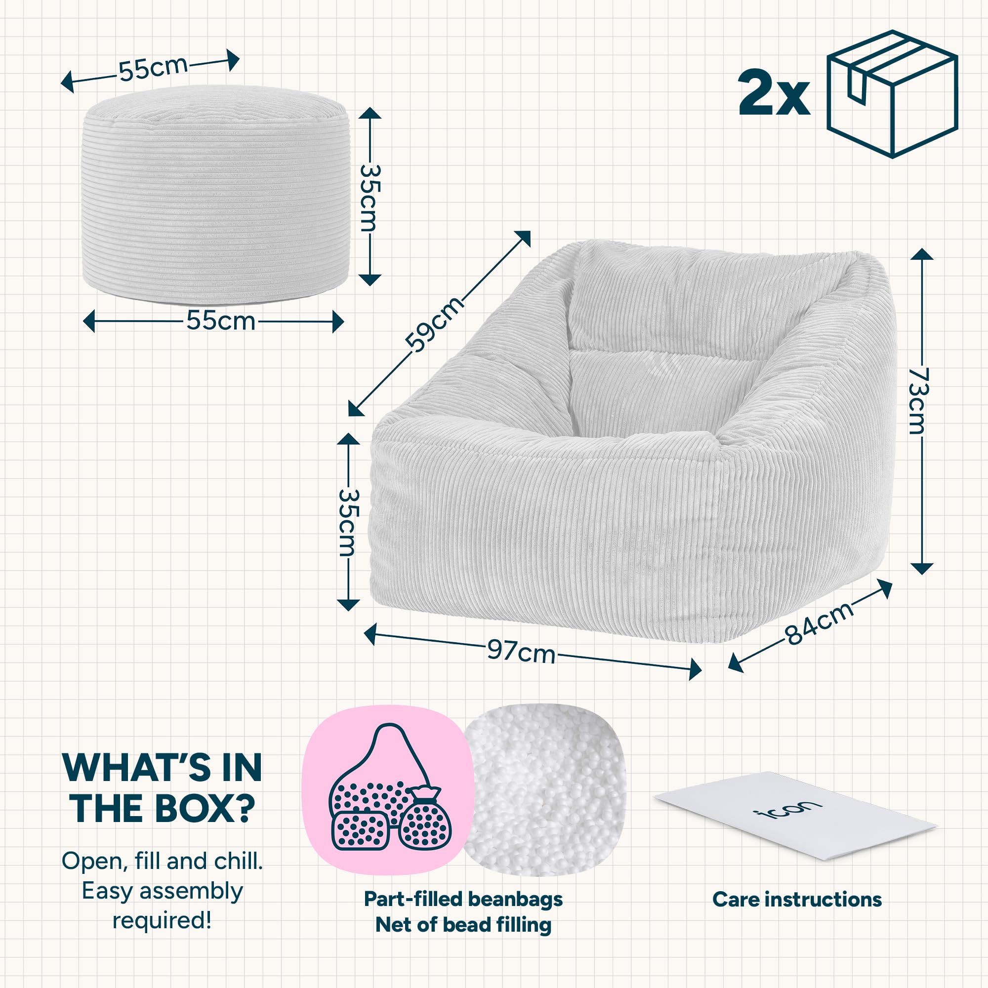 icon Natalia Cord Bean Bag Chair & Footstool with Filling Included, Grey