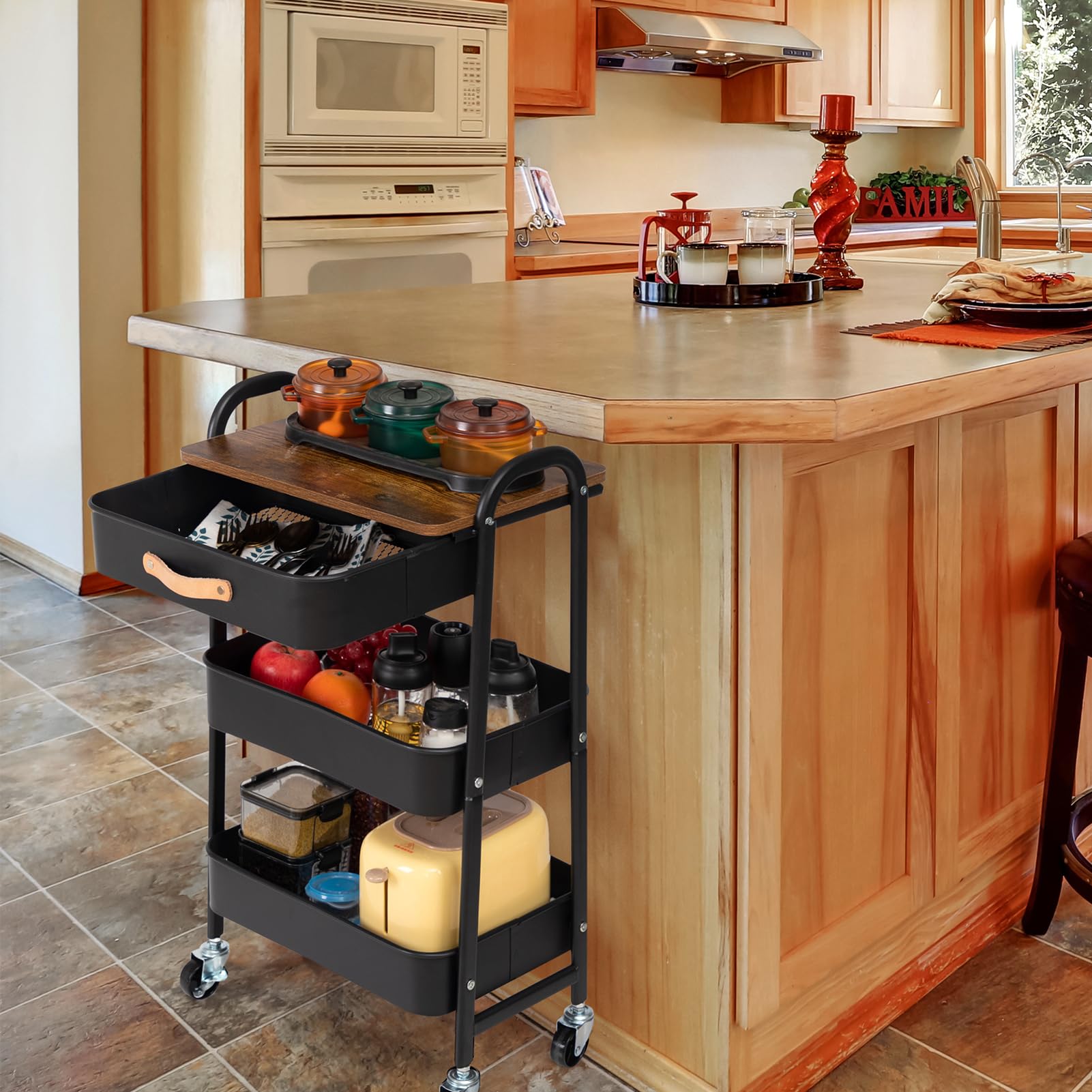 DOEWORKS Storage Trolley on Wheels Metal 3-Tier Rolling Trolley with Drawer