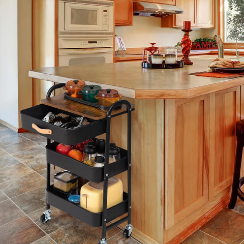 DOEWORKS Storage Trolley on Wheels Metal 3-Tier Rolling Trolley with Drawer