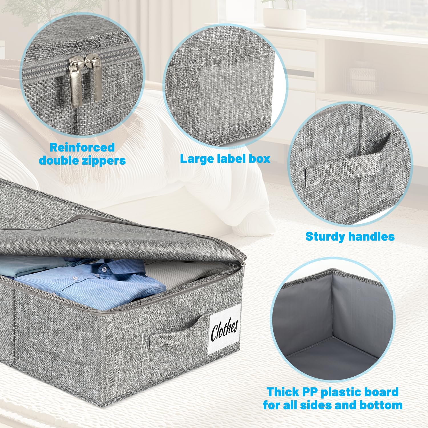 Under Bed Storage Box with Lid 2 Pack, Low Profile Foldable Underbed Clothes Organiser Under Sofa and Cot