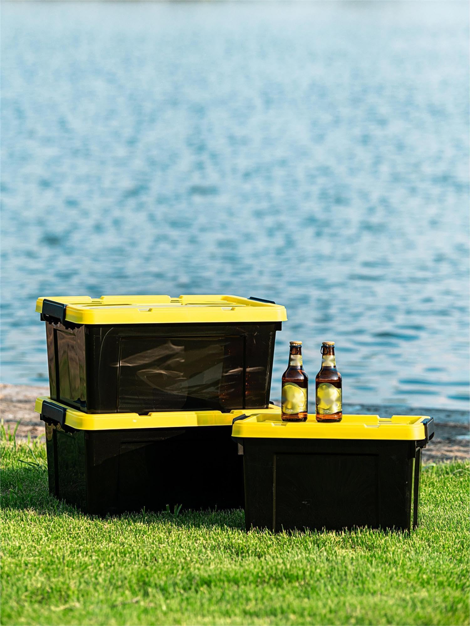 Cetomo 15L*4 Storage Boxes, Plastic Storage Box with Lids, Container with Handle for Tool, Outdoor, Garden, Home, Stackable, Nesting