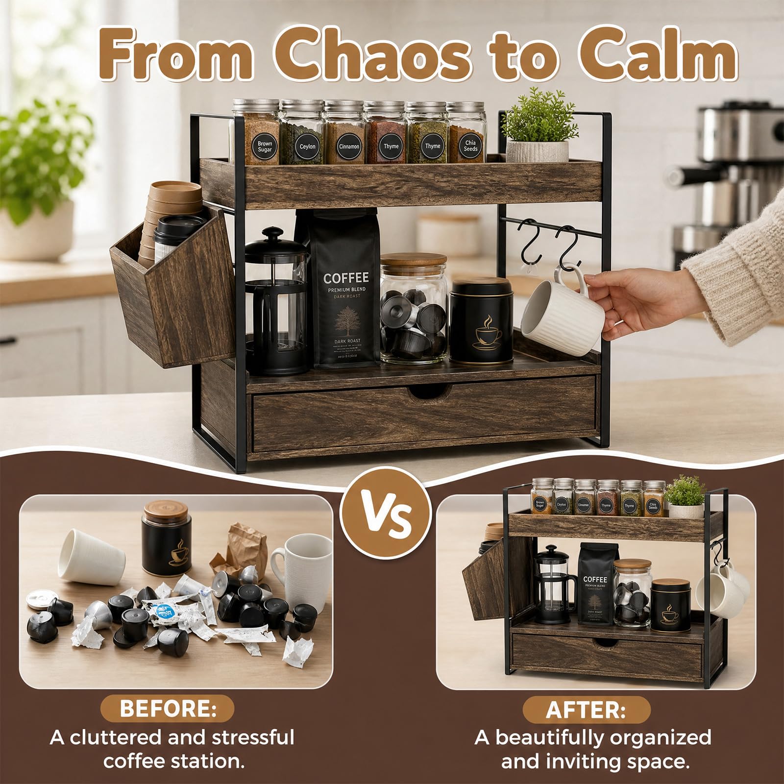 Bathroom Counter Organizer with Drawer and Basket, Wooden Skincare Holder
