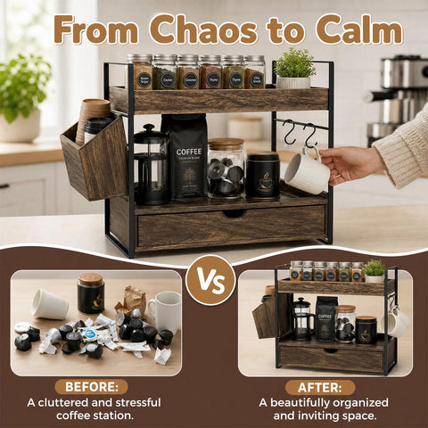 Bathroom Counter Organizer with Drawer and Basket, Wooden Skincare Holder