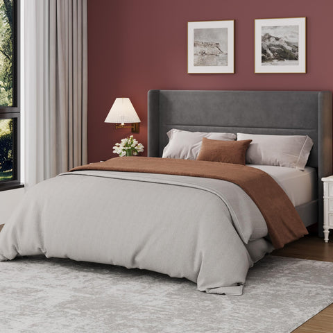 Crevyteg Double Bed Frame 72.4 x 53.9 x 41.1in with Wingback Headboard, Velvet Upholstered Platform Bedframe with Wood Slats, No Box Spring Needed