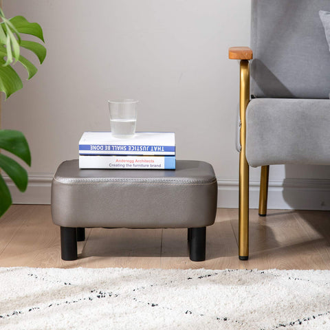 IBUYKE 16.54" Small Footstool PU Leather Ottoman Footrest Modern Home Living Room Bedroom Rectangular Stool, Gray RF-BD211-C