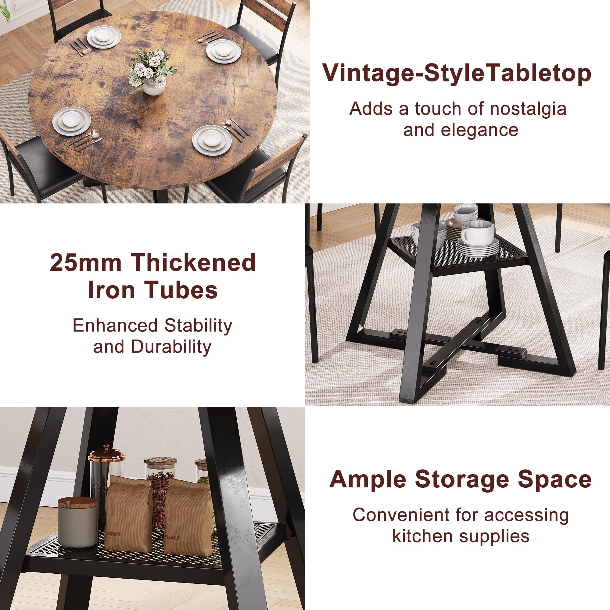 Jocoevol Round Dining Table for 2-4 People, Circle Dinner Table with Shelves, Space Saving Wood Kitchen & Dining Room Furniture (Vintage, 42 inch