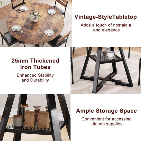 Jocoevol Round Dining Table for 4-6 People, Circle Dinner Table with Shelves, Space Saving Wood Kitchen & Dining Room Furniture (Vintage, 51 inch