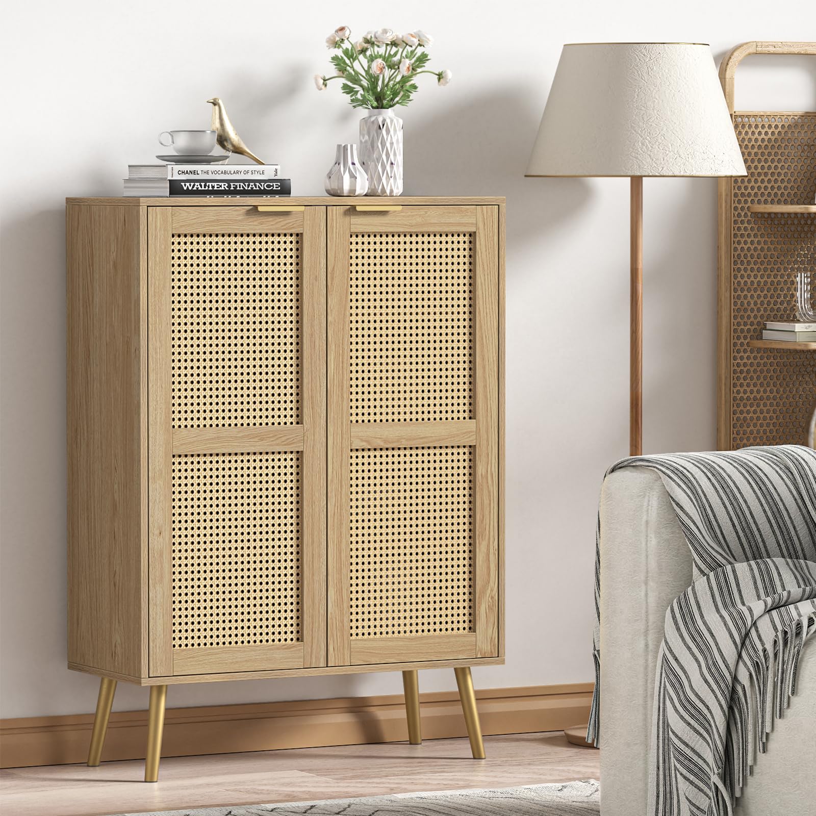 Yvsevnr Rattan Tall Sideboard for Living Room, Hallway Storage Cabinet with 3 Adjustable Shelf