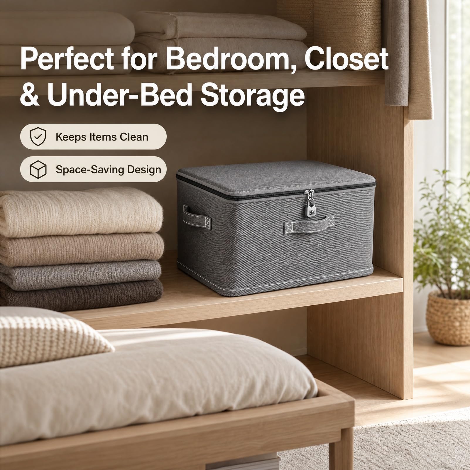 BOBPPOP Fabric Storage Boxes With Lids, Grey Under Bed Storage Box With Lock, Clothes & Toys Organisation Box For Bedding, Medicine, Snacks