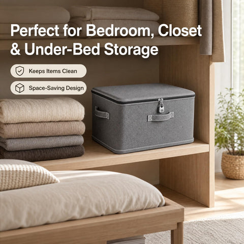 BOBPPOP Fabric Storage Boxes With Lids, Grey Under Bed Storage Box With Lock, Clothes & Toys Organisation Box For Bedding, Medicine, Snacks