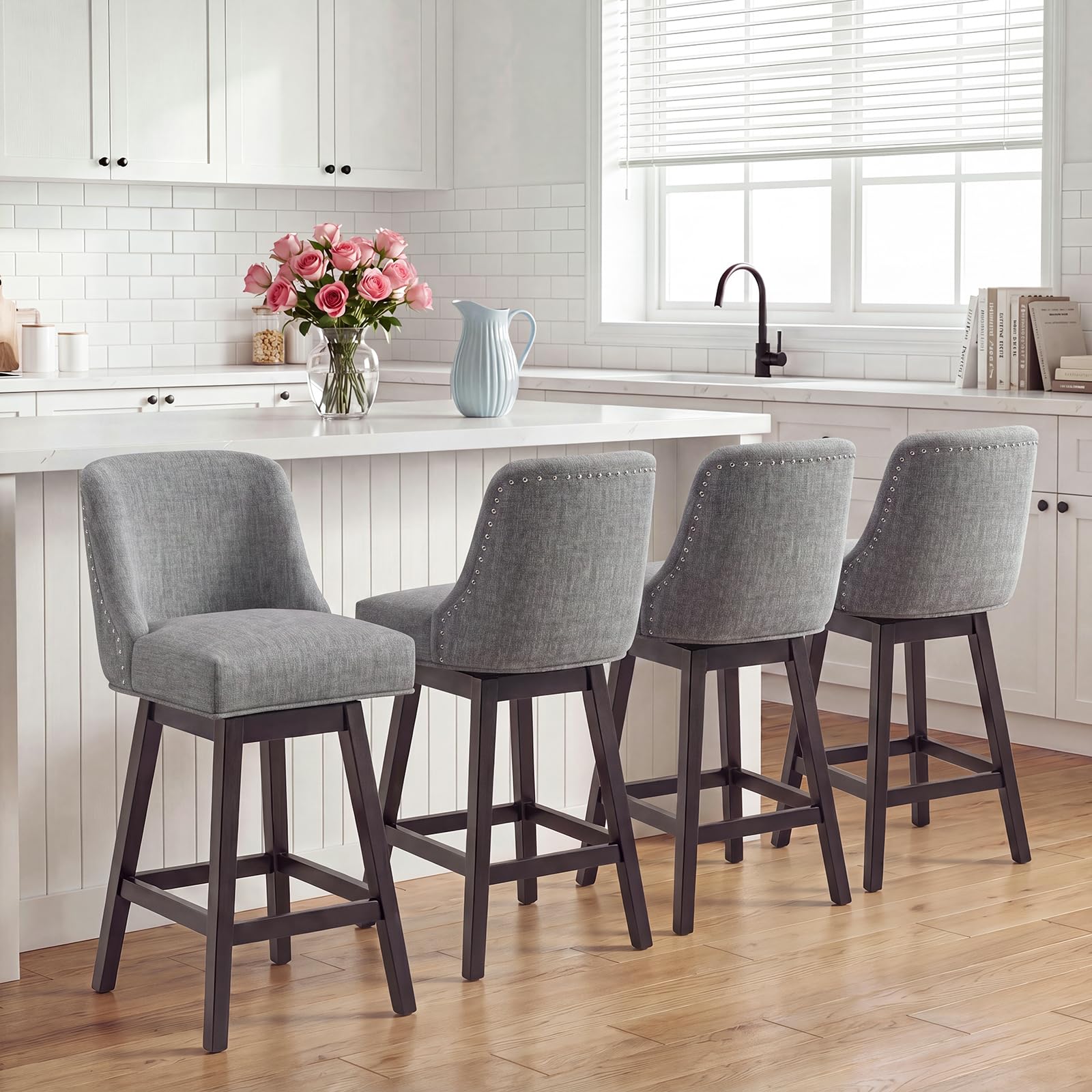 Bar Stools Set of 4, 360° Swivel Upholstered Counter Stools with Back, Wooden Frame Kitchen Bar Chairs with Nailhead Trim