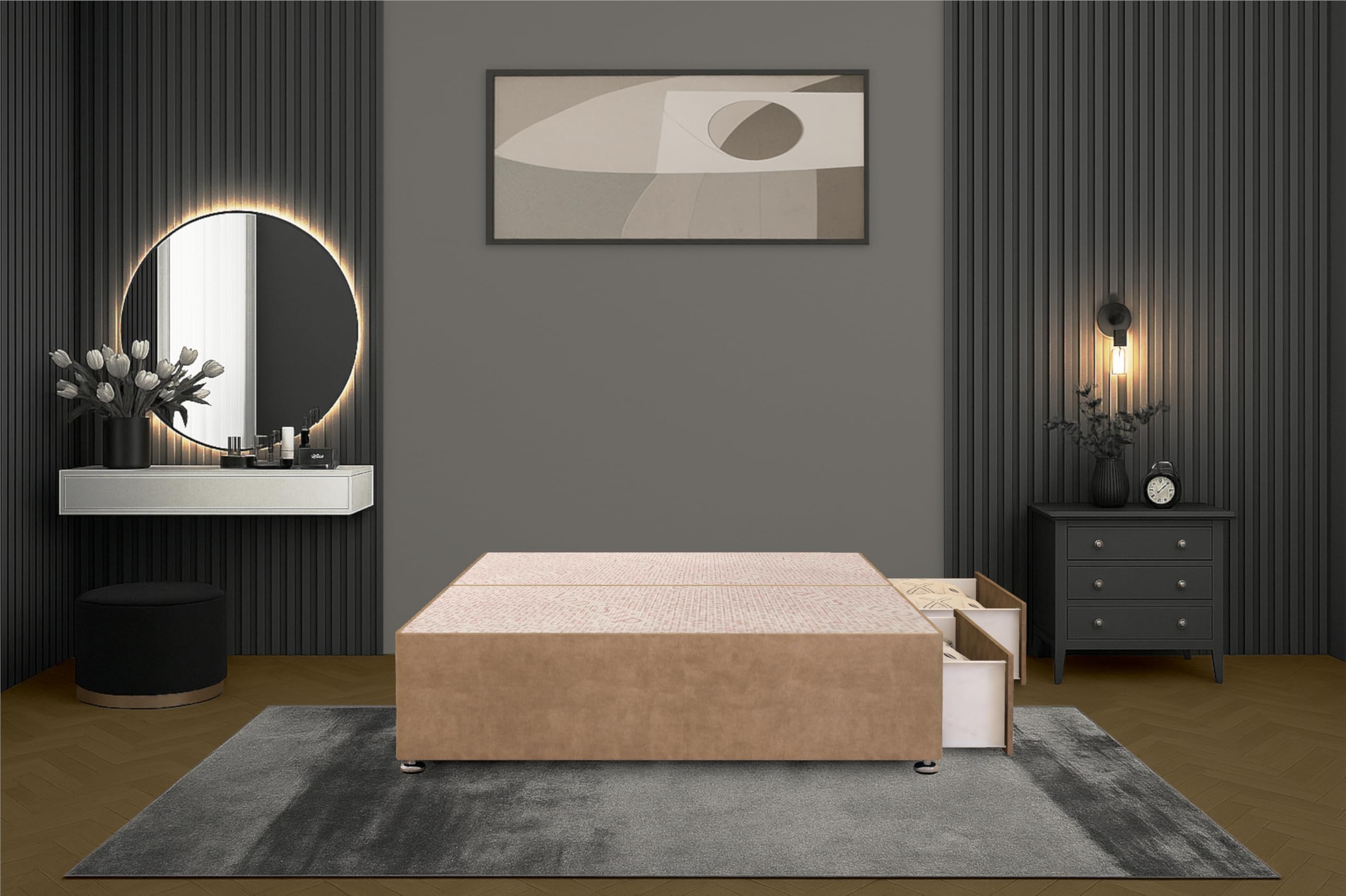 Bed Centre Flexby Divan Bed Base Only with 2 Drawers (Same Side), No Headboard - Available in 3FT, 4FT, 5FT & 6FT (3FT Single, Plush Beige Fabric)